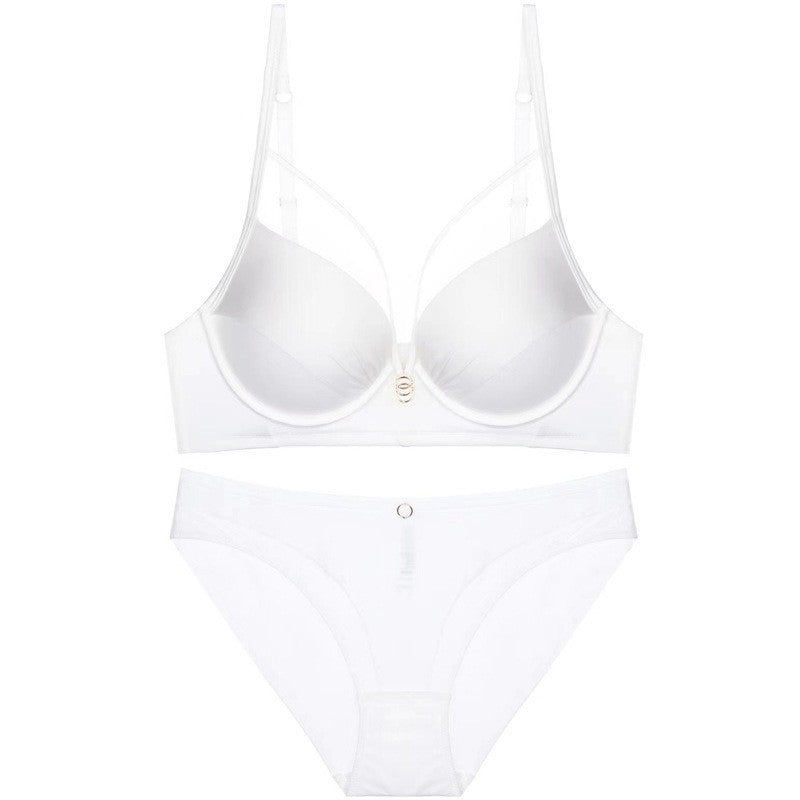 Amazon Cross-Border Sexy Lingerie Women's Satin Hollow Out Strap Small Chest Enhancing Push-Up Anti-Sagging Bra Set