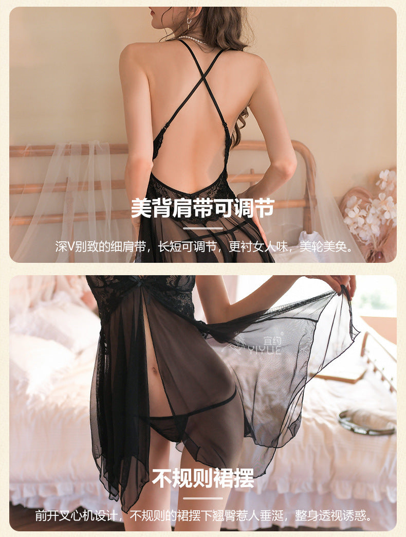 Yiyue Sexy Lace Temptation Strap Nightdress Women's Thin Transparent Mesh Nightgown Hot Erotic Lingerie8453