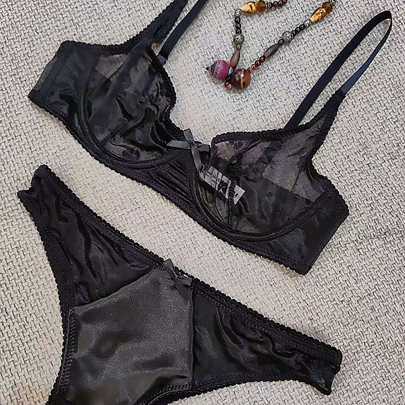 European and American Sexy Lingerie for Women, French Style Ultra-Thin Flocked Embroidered Lace Bra, Minimizing Large Bust, Anti-Sagging, Erotic Lingerie
