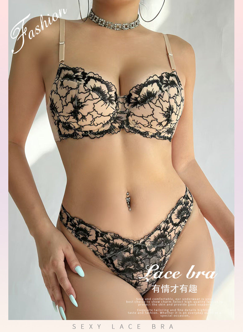 Cross-Border European and American Sexy Lingerie French Style Thin Jacquard Embroidery Lace Lingerie Large Bust Minimizer Anti-Sagging Bra