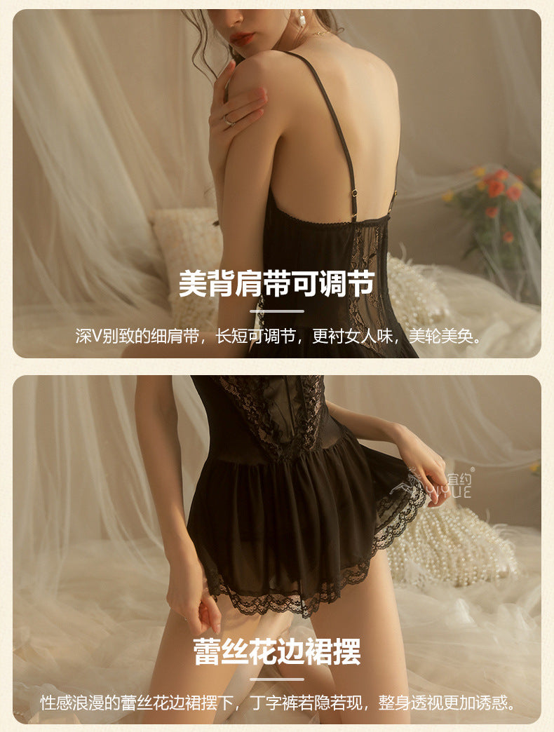 Yiyue Sexy Lingerie Sexy Strap Lace Temptation Nylon Mesh Thin Transparent Hot Hollow Nightdress8462