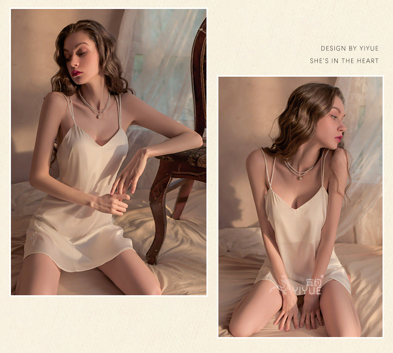 Yiyue Sexy Lingerie Sexy Ice Silk Strap Hollow Nightdress for Women Hot Passion Temptation Sleepwear Homewear8331
