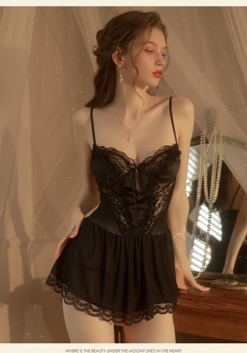 Yiyue Sexy Lingerie Sexy Strap Lace Temptation Nylon Mesh Thin Transparent Hot Hollow Nightdress8462