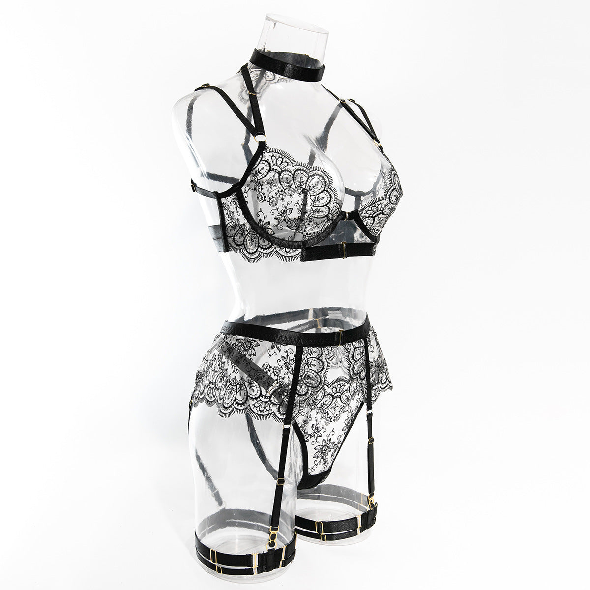 Foreign Trade High-Quality Sexy Lingerie Embroidered Eyelash Edge Large Bust Minimizer Sexy See-Through Front Open Four-Piece Set