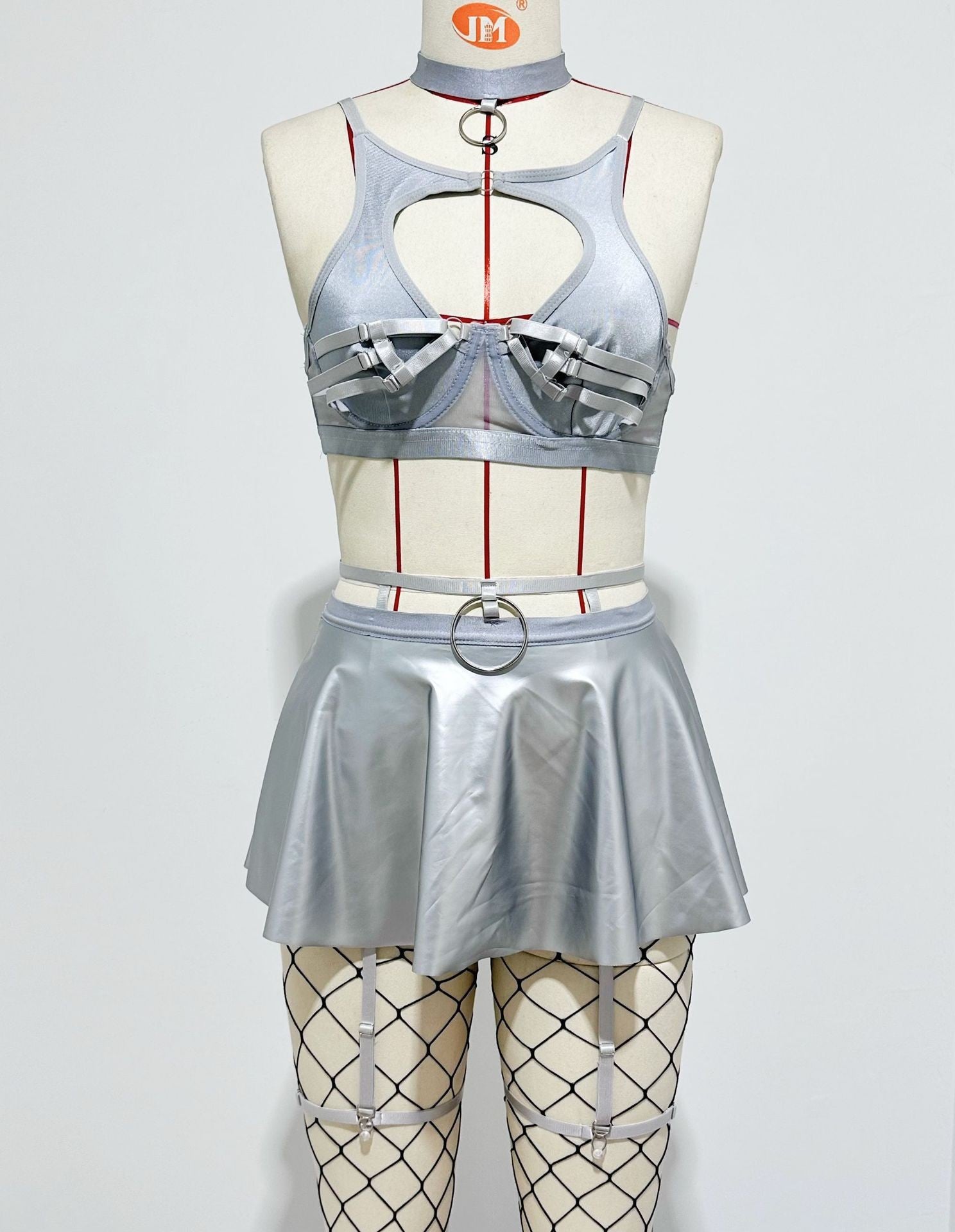European and American AliExpress Hot-Selling Sexy Lingerie Solid Color Leather Skirt with Fishnet Stockings Tie-Up Push-Up Bra Set