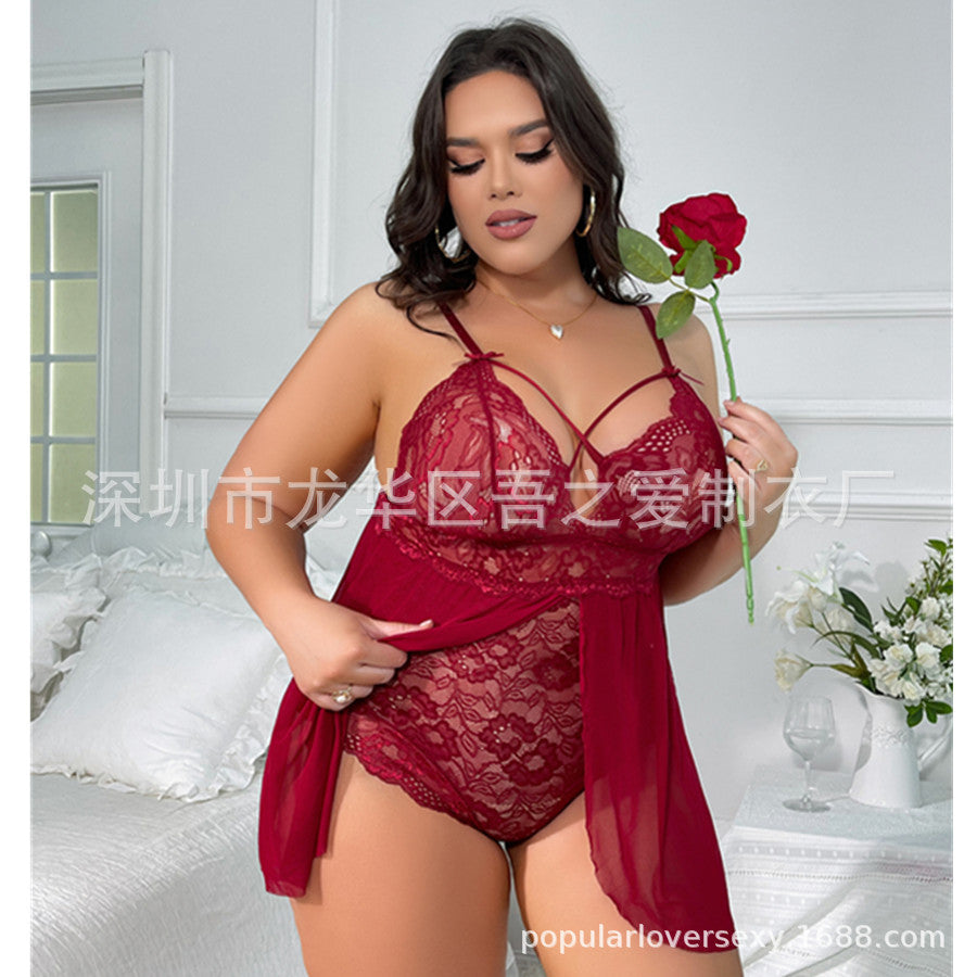 2024New Sexy Lingerie See-through Lace Temptation One-piece Camisole Sexy Nightdress V Cross Collar Cardigan Pajamas