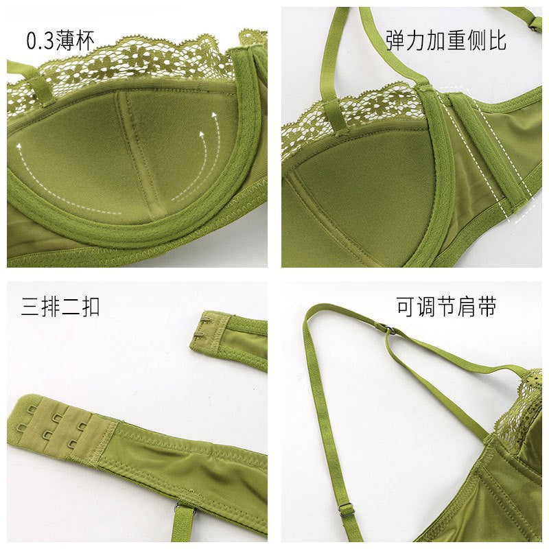 Cross-Border Hot-Selling French Lace Lingerie Women Sexy Thin Satin Large Bust Minimizer Anti-Sagging Bra Set