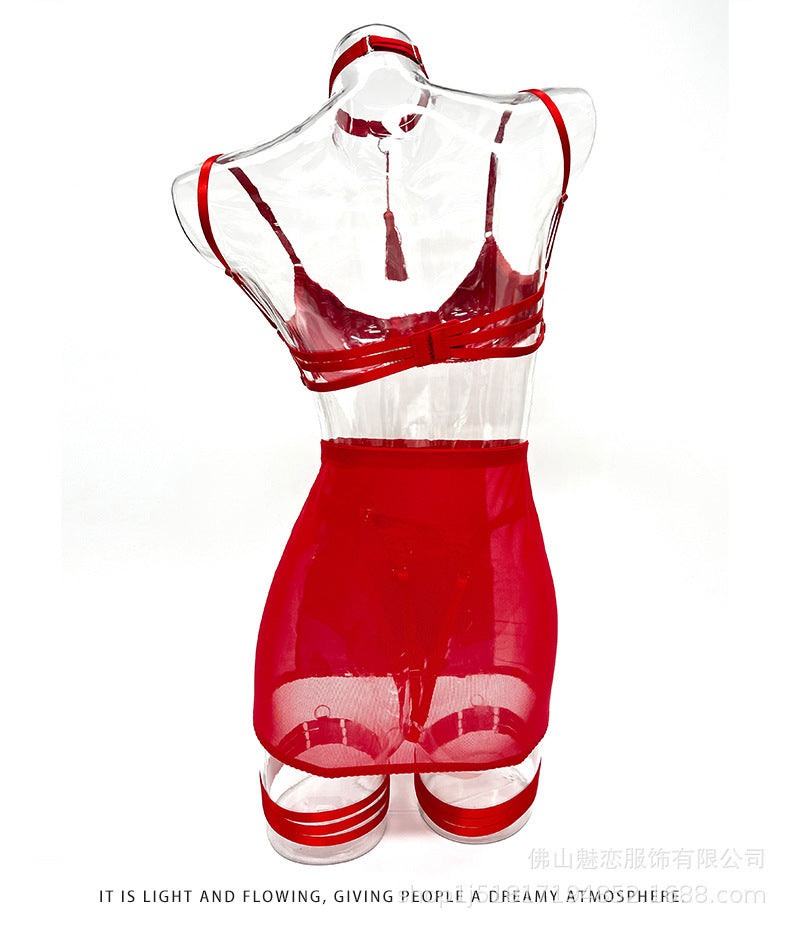 Amazon Foreign Trade Sexy Lingerie Women's Satin Patchwork Mesh See-through Bodycon Skirt Thong Five-piece Set