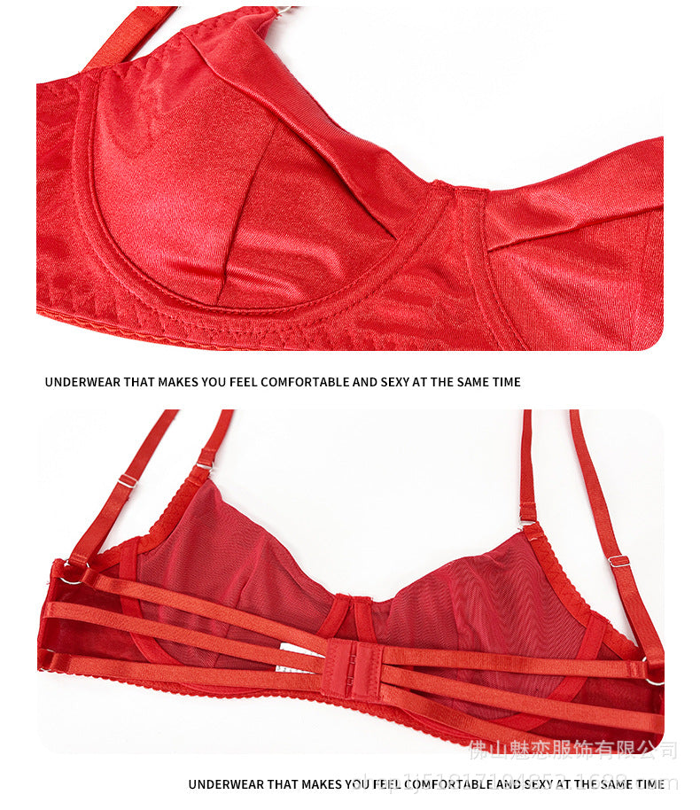 Cross-Border Foreign Trade Hot-Selling Sexy Lingerie Satin Patchwork Mesh See-Through Bodycon Tassel Erotic Lingerie Women's Five-Piece Set