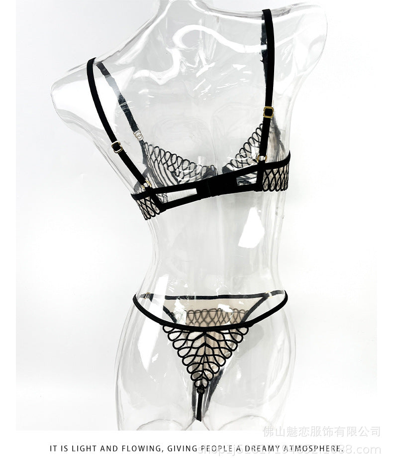 Cross-border European and American Sexy Lingerie for Women Ultra-thin Deep U Shell-Shaped Embroidery Large Bust Minimizing Anti-Sagging Lift Bra Set