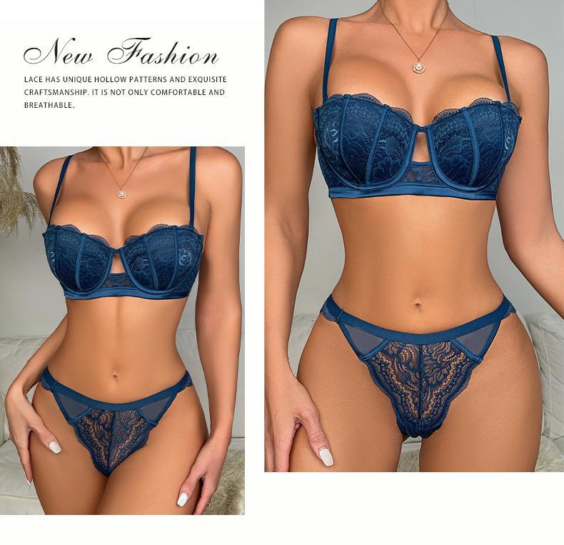 Cross-Border European and American Sexy Lingerie Half Cup Hollow Embroidery Lace Bra Small Chest Push-Up Side Breast Collection Lingerie Set