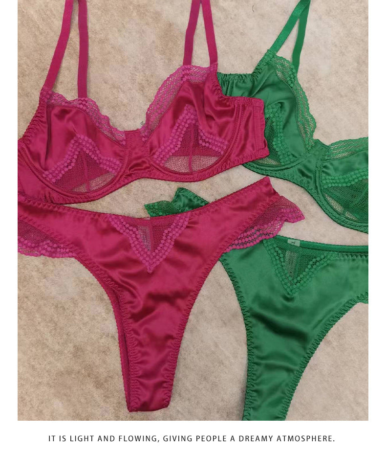 European and American Cross-Border Sexy French Lingerie Women Satin Lace Bra Large Bust Minimizer Anti-Sagging Lingerie Set