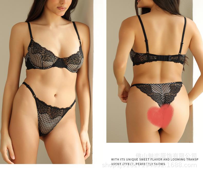 Cross-Border European and American Style French Lingerie Sexy See-Through Mesh Lace Plaid Large Bust Minimizer Push-Up Bra Set