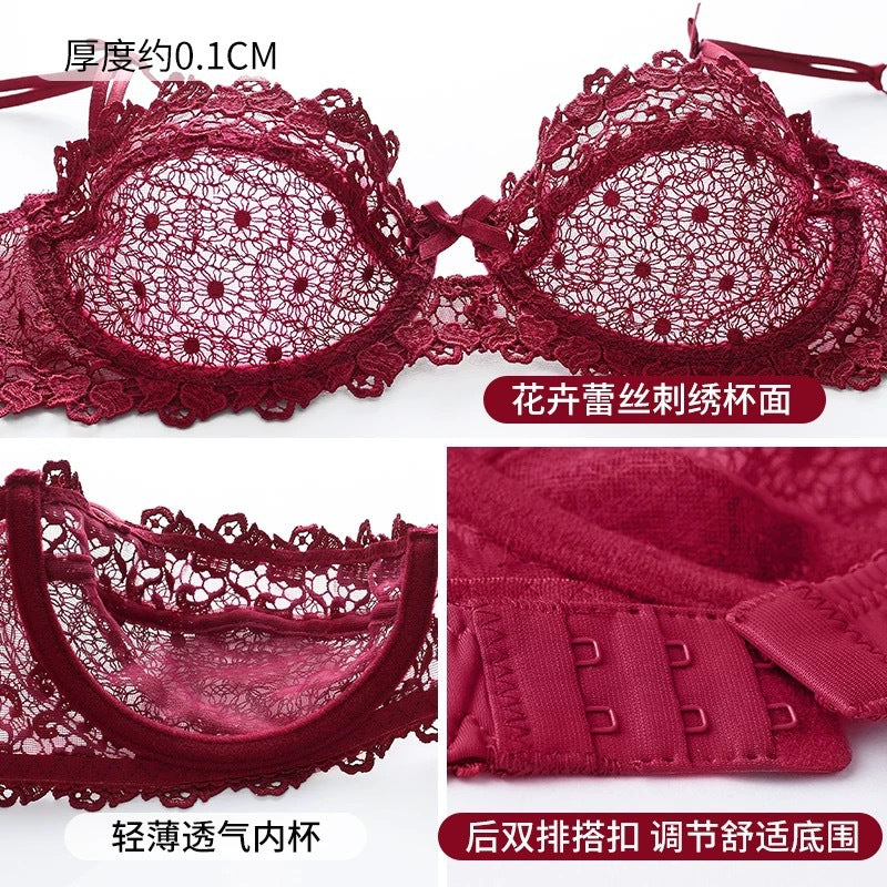 European and American Sexy Bra Set Ultra-thin Semi-transparent Half Cup Lace Bra Small Chest Push-up Anti-sagging Plus Size Bra