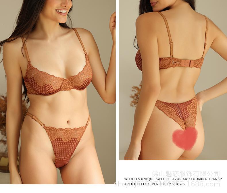 Cross-Border European and American Style French Lingerie Sexy See-Through Mesh Lace Plaid Large Bust Minimizer Push-Up Bra Set