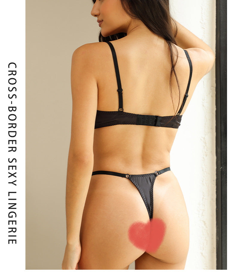 European and American Cross-Border Sexy Lingerie French Style Sexy Lace Bra Satin Color Large Bust Minimizer Push-Up Bra Set