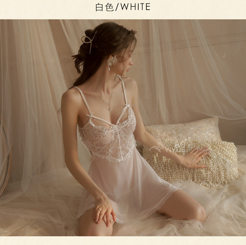 Yiyue Sexy Lingerie Sexy Strap Lace Temptation Nightdress Hot See-through Mesh Plus Size Nightgown Set8449