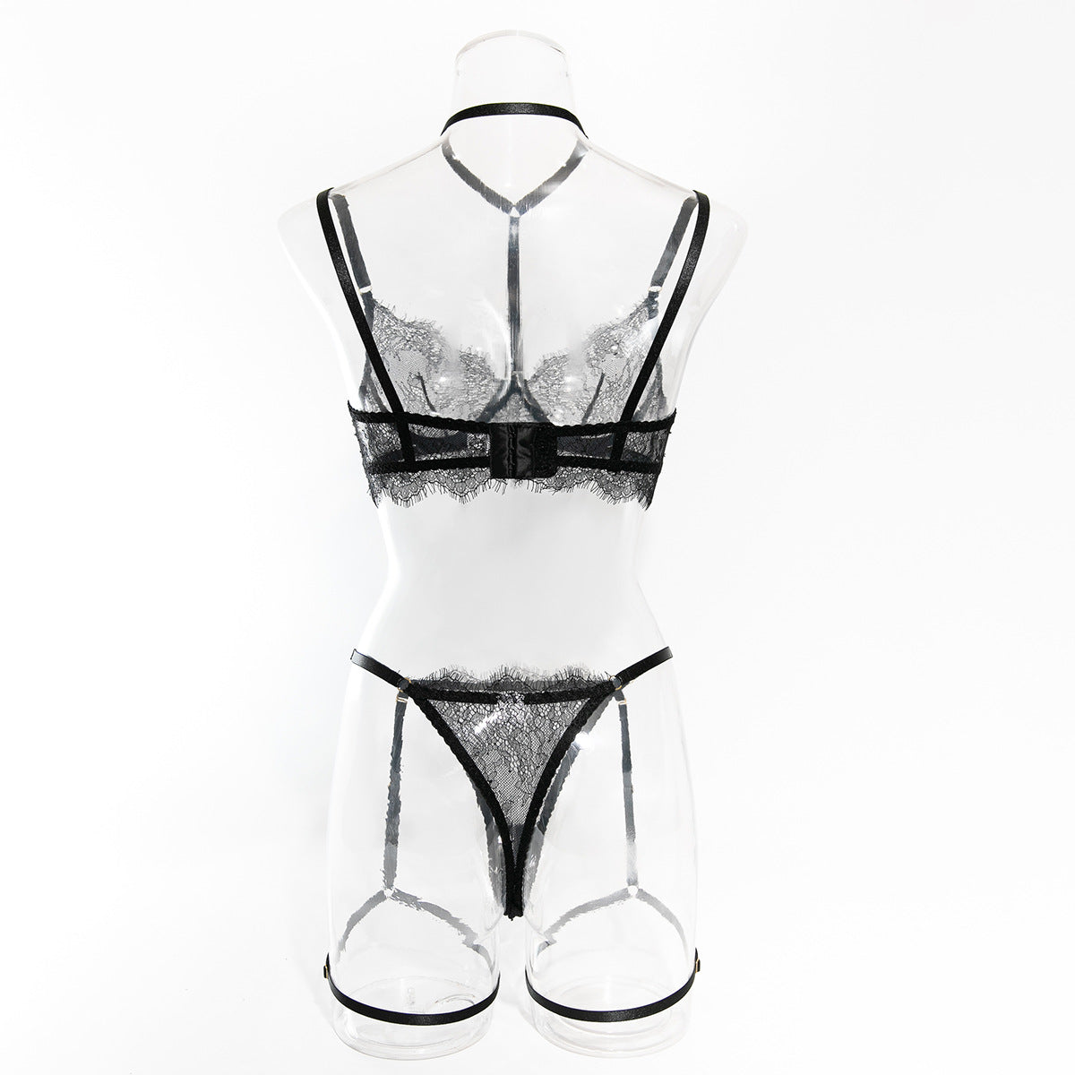 European and American Cross-Border Sexy Lingerie Four-Piece Set Sexy Hollow Lace Eyelash Halter Neck Lingerie with Detachable Leg Rings
