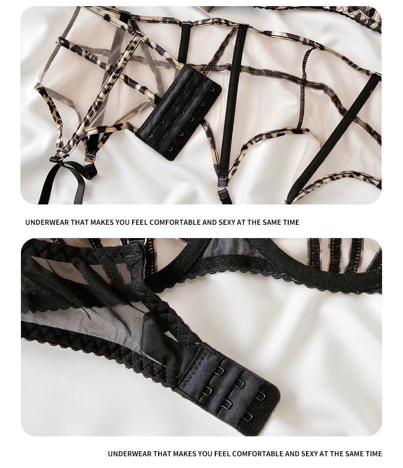 Cross-Border European and American Style French Lingerie Sexy Tie Leopard Print Temptation Mesh See-Through Big Chest Minimizer Erotic Three-Piece Set