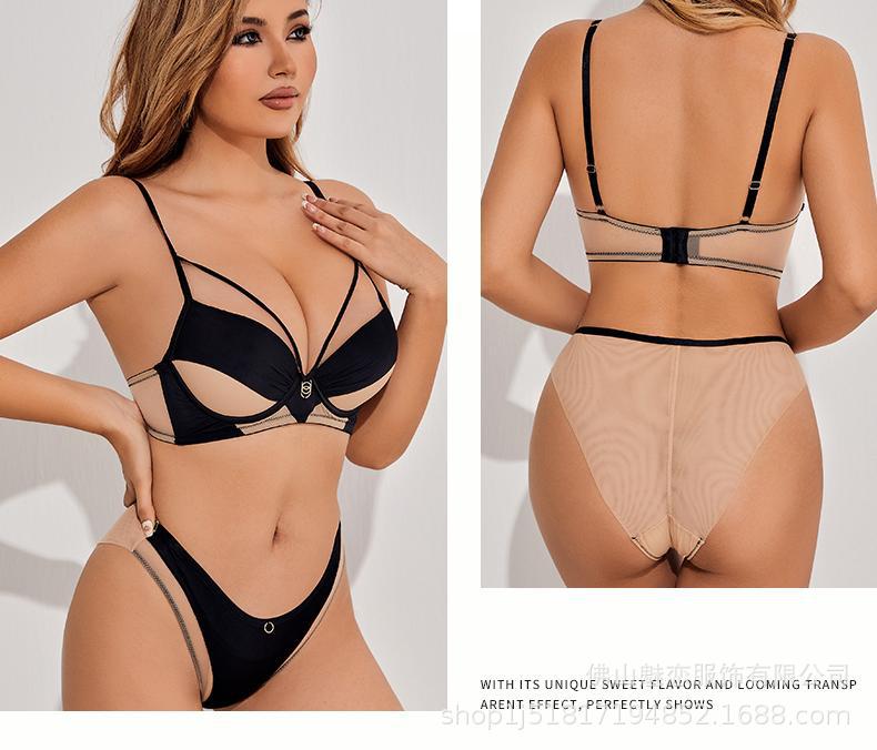 Amazon Cross-Border Sexy Lingerie Women's Satin Hollow Out Strap Small Chest Enhancing Push-Up Anti-Sagging Bra Set