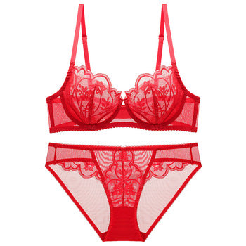 European and American Sexy Bra Set Ultra-thin Semi-transparent Half Cup Lace Bra Small Chest Push-up Anti-sagging Plus Size Bra