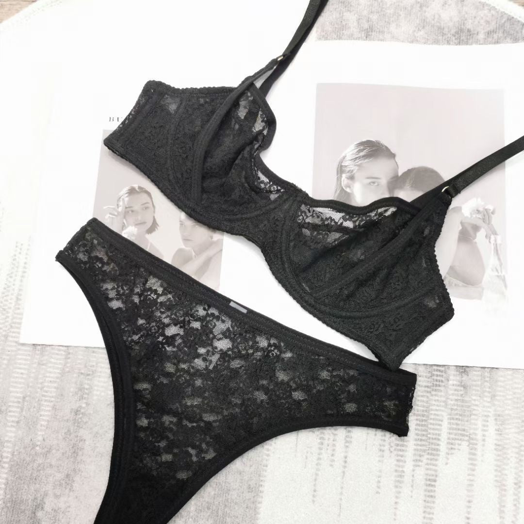 European and American French Style Sexy Lingerie for Women Ultra-thin See-through Lace Bra Set Large Bust Minimizer Anti-sagging Bra