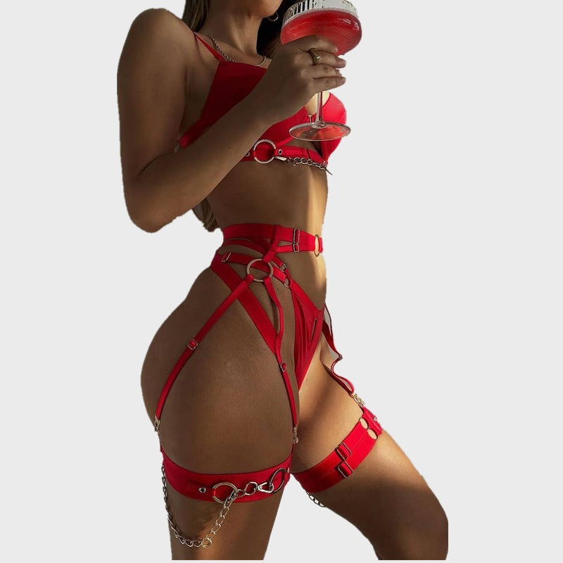 European and American Cross-Border Hot-Selling Sexy Lingerie Big Chest Minimizer Tie-Up Metal Punk Style Erotic Lingerie Women's Four-Piece Set