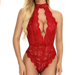 Sexy Halter Neck Lace Bodysuit - Backless Tie-Front Lingerie | Adjustable Straps