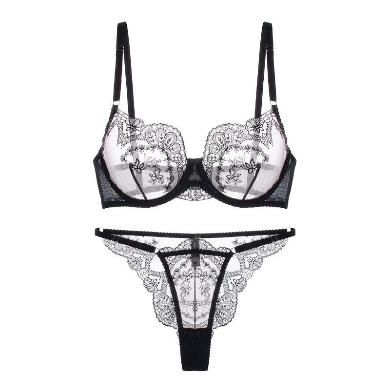 Cross-Border Hot-Selling Sexy French Lingerie Ultra-Thin See-Through Embroidered Lace Temptation Big Chest Minimizer Sexy Lingerie Set