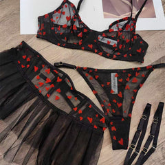 Foreign Trade European and American Style French Lingerie Mesh Ultra-Thin Sexy Heart Flocked Lace Lingerie Thong Three-Piece Set