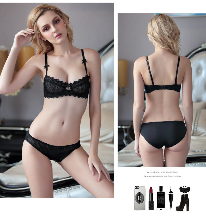 European and American Sexy Bra Set Ultra-thin Semi-transparent Half Cup Lace Bra Small Chest Push-up Anti-sagging Plus Size Bra