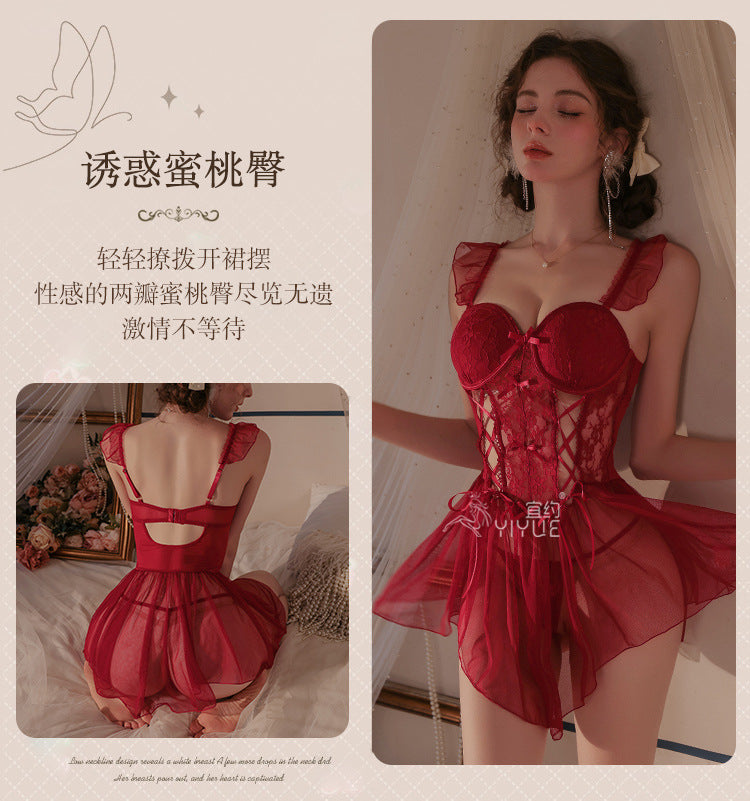Yiyue Original Sexy Lace Temptation Push-Up Nightdress Pure Desire Erotic Lingerie Lace-Up Fishbone Corset Nightgown1075
