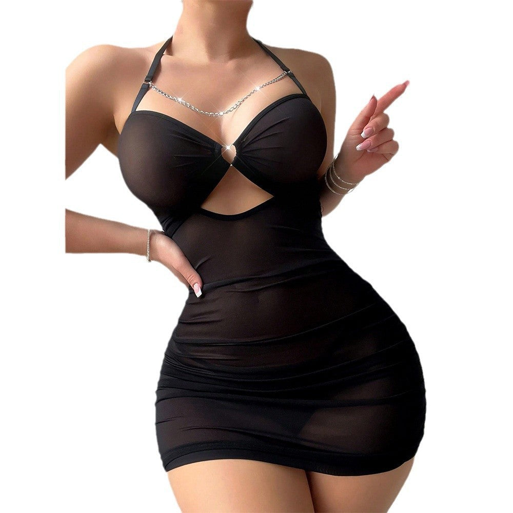 European and American Foreign Trade Sexy Nightwear Women's Lace See-through Mesh Temptation Nightdress Thong Two-piece Set
