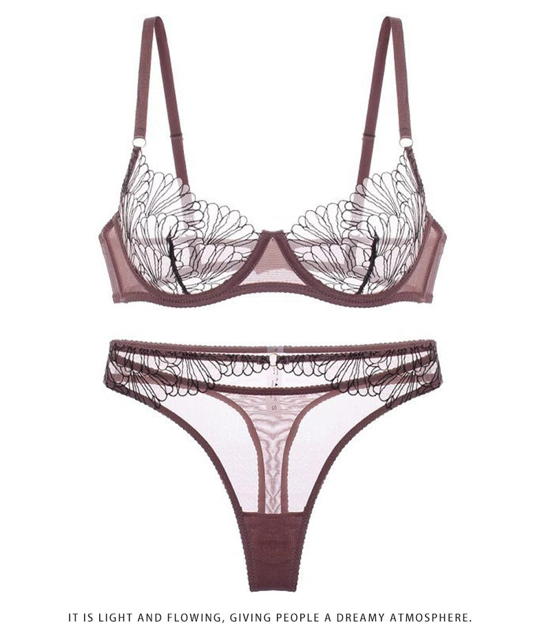 European and American French Style Sexy Lingerie for Women, Ultra-Thin Sheer Mesh, Large Bust Minimizer, Anti-Sagging Lace Bra Set