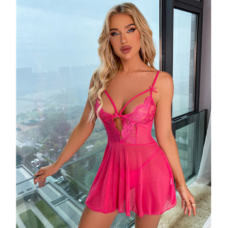 My Love for Foreign Trade Women's Deep Sensation v Lace See-through Temptation Bodysuit Lace-up Gauze Skirt Pajamas Home Wear Set