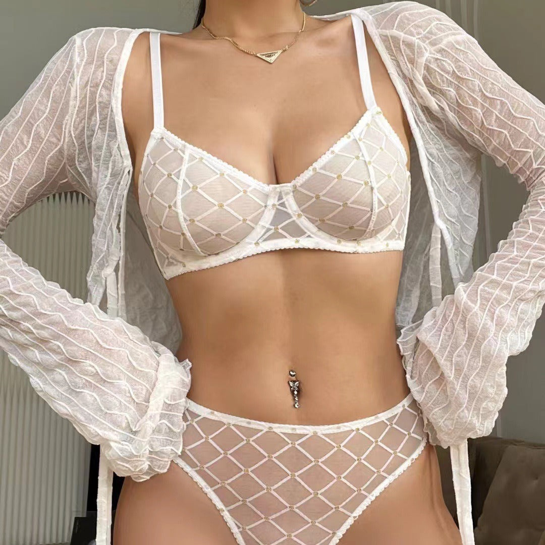Sexy French Style Lingerie Set – Ultra-Thin Transparent Plaid Lace Bra & Large Bust Minimizer