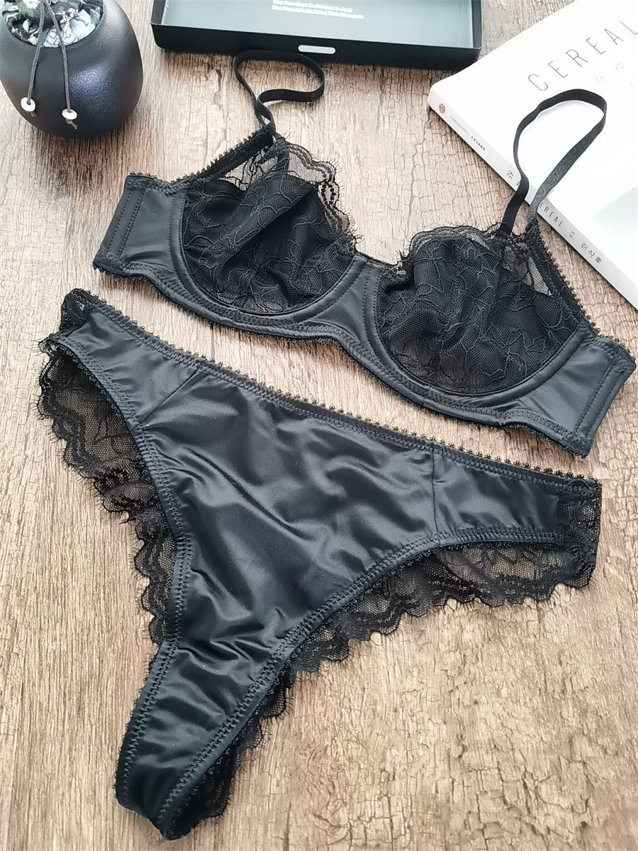 European and American Cross-Border Hot-Selling Sexy Lingerie for Women Ultra-Thin See-Through Large Bust Minimizing French Lace Erotic Bra Set