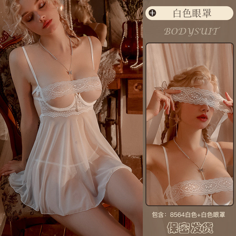 Yiyue Sexy Lingerie New Sexy Strap Lace Temptation Open Crotch Nightdress Hot See-through Uniform Wholesale8564