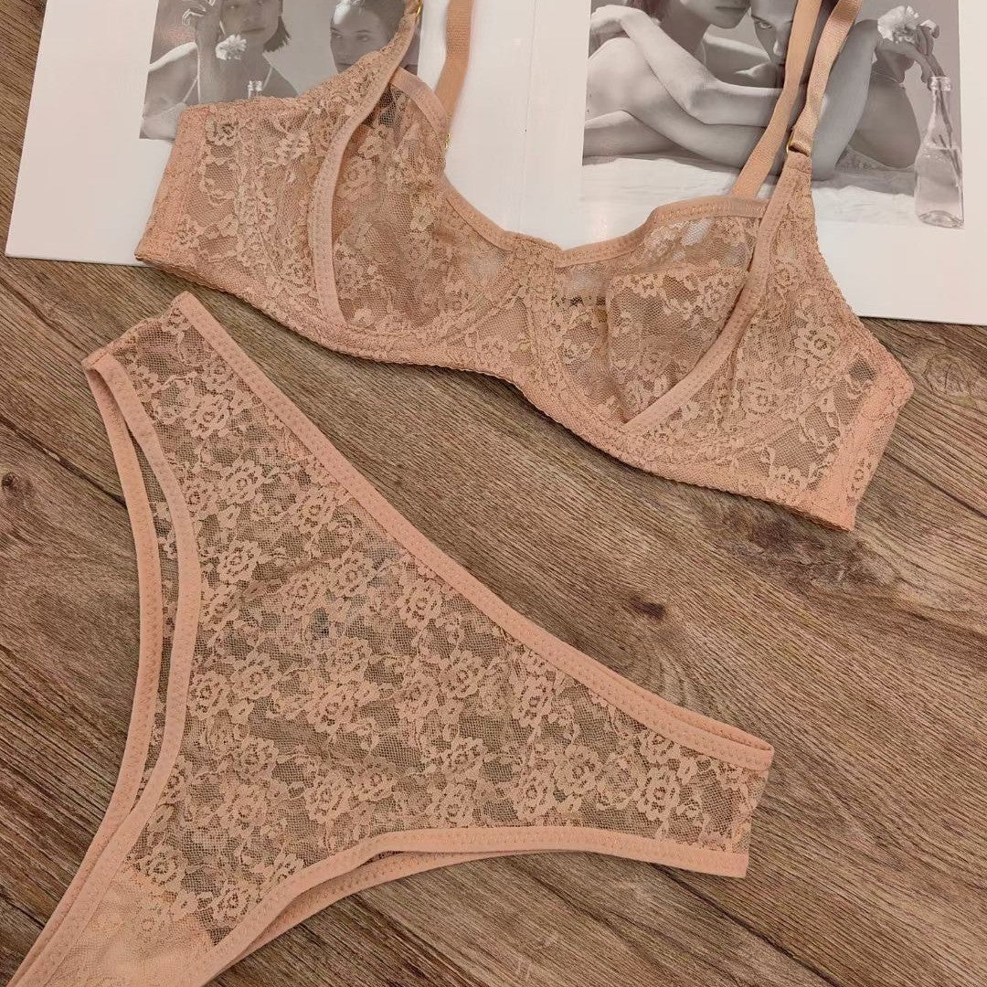 European and American French Style Sexy Lingerie for Women Ultra-thin See-through Lace Bra Set Large Bust Minimizer Anti-sagging Bra