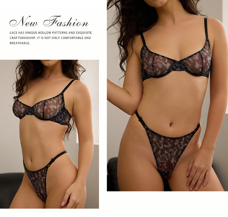 French Style Lingerie Sexy Leopard Print Ultra-Thin See-Through Mesh Erotic Bra Set for Large Busts Minimizing Anti-Sagging Bra Set
