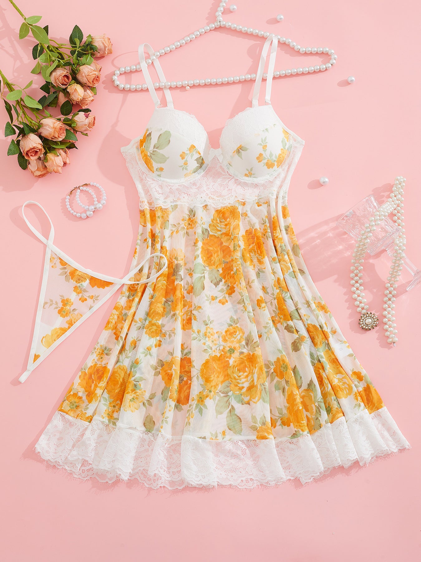 Amazon Foreign Trade Sexy Nightwear Lace Mesh See-through Temptation Strap Dress Nightdress Thong Set