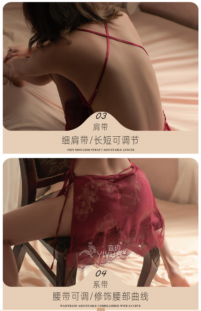 Yiyue New Sexy Lingerie Women's Lace Camisole Dress Lace-up Nightdress Uniform Temptation European and American Style Pajamas8157