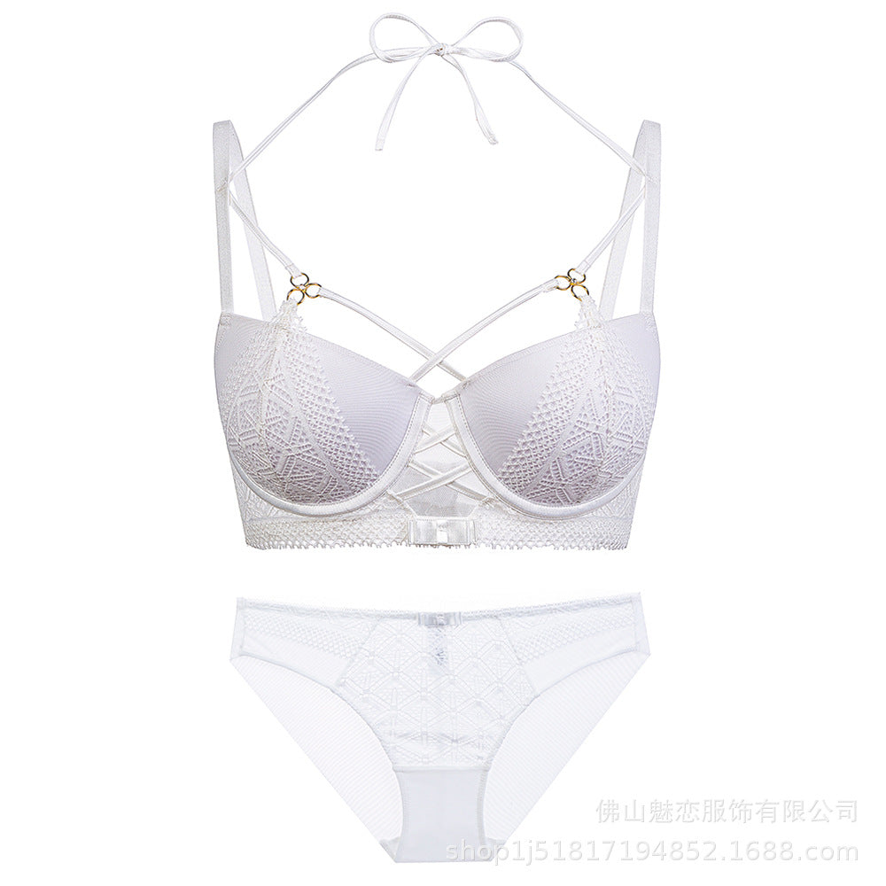 Cross-Border European and American Style French Lingerie Sexy Lace Strap Design Large Bust Push-Up Anti-Sagging Bra Set