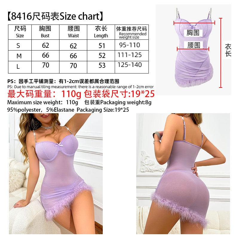 Cross-Border Strap Sexy Irregular European and American Feather Bodycon Design Dress Lace Purple Charm Sheer Nightdress