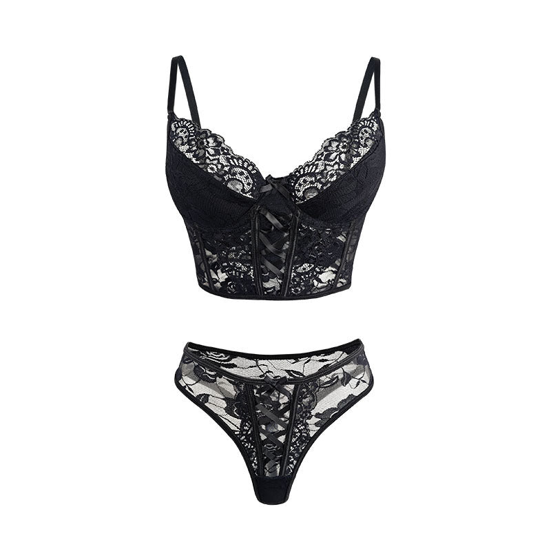 Cross-Border New Amazon Hot-Selling Pure Desire Lace Fishbone Underwire Camisole Two-Piece Sexy Lingerie Set