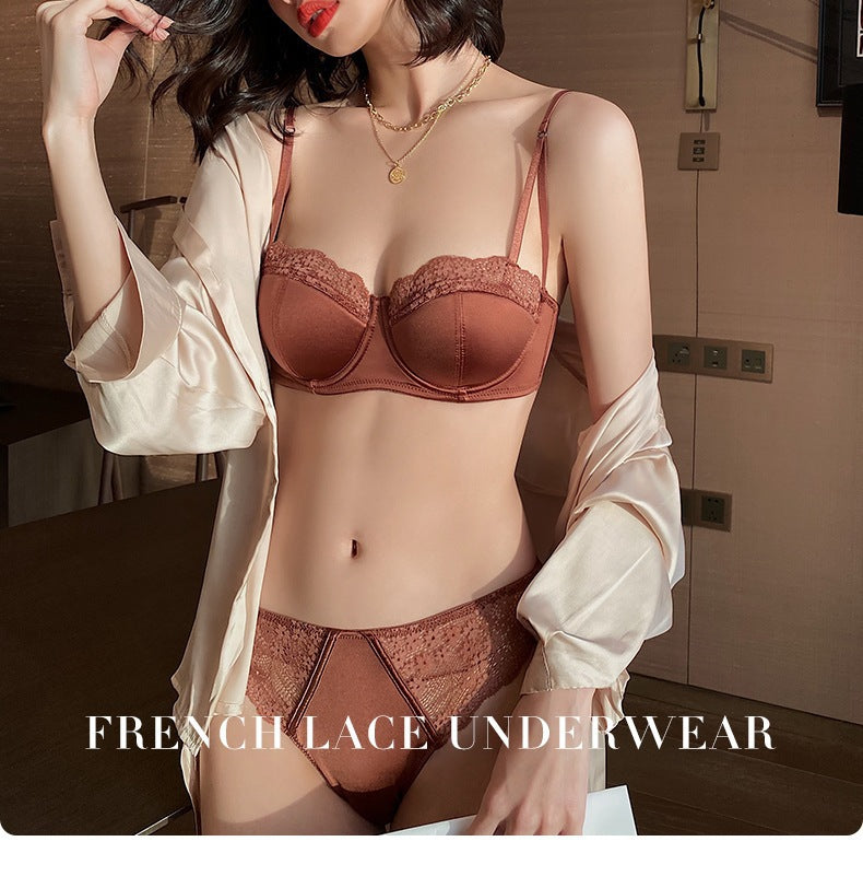 Cross-Border Hot-Selling French Lace Lingerie Women Sexy Thin Satin Large Bust Minimizer Anti-Sagging Bra Set