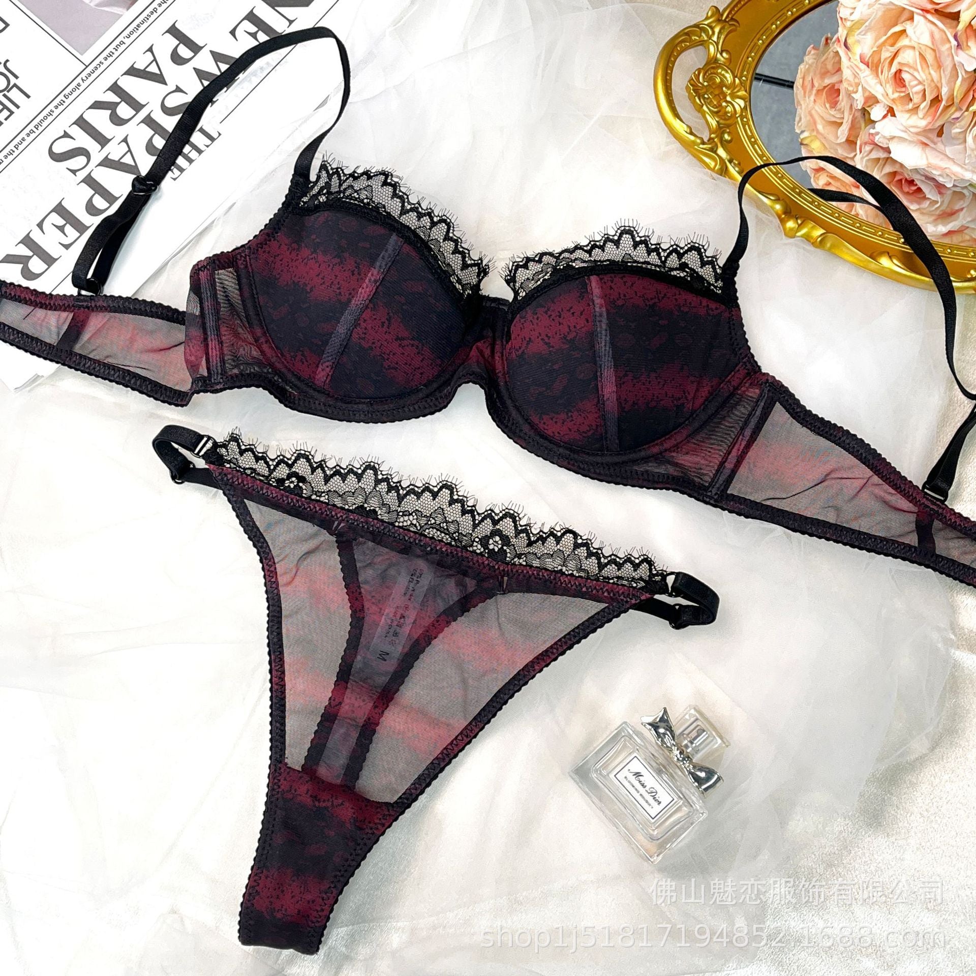 Cross-Border European and American Style Sexy Lingerie for Women Lace Leopard Mesh See-Through Large Bust Minimizer Push-Up Bra Set