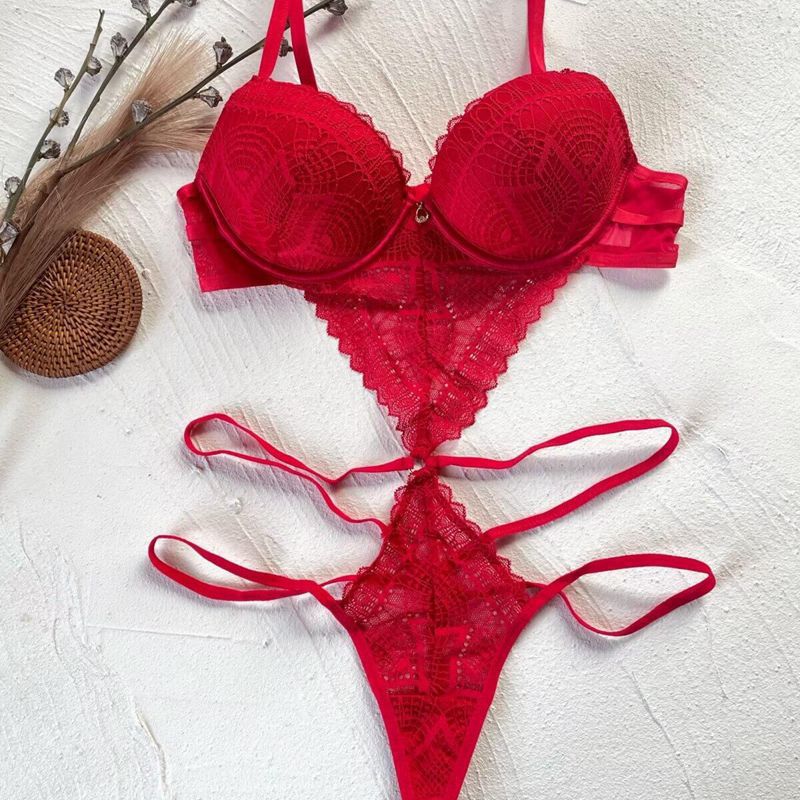 European and American French Style Sexy Temptation Lace Bra Tight Push-Up Micro Shaping Red Zodiac Year One-Piece Underwear for Women