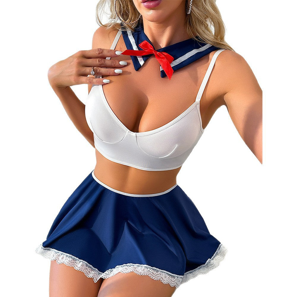 European and American Cross-Border Sexy Lingerie Set Sexy Temptation Mesh Lace Sailor Suit Role-Playing Uniform Three-Piece Set