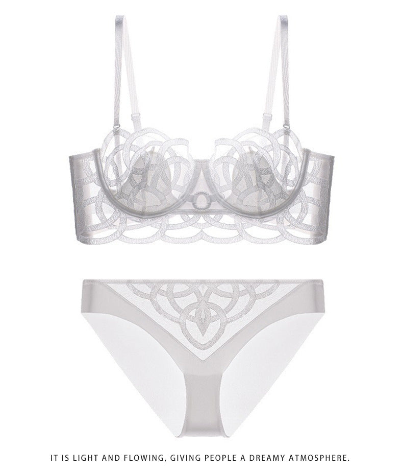 French Style Sexy Lingerie for Women, Thin Transparent Breathable Lace Bra, Minimizing Large Bust, Side Breast Collection, Push-Up Bra Set